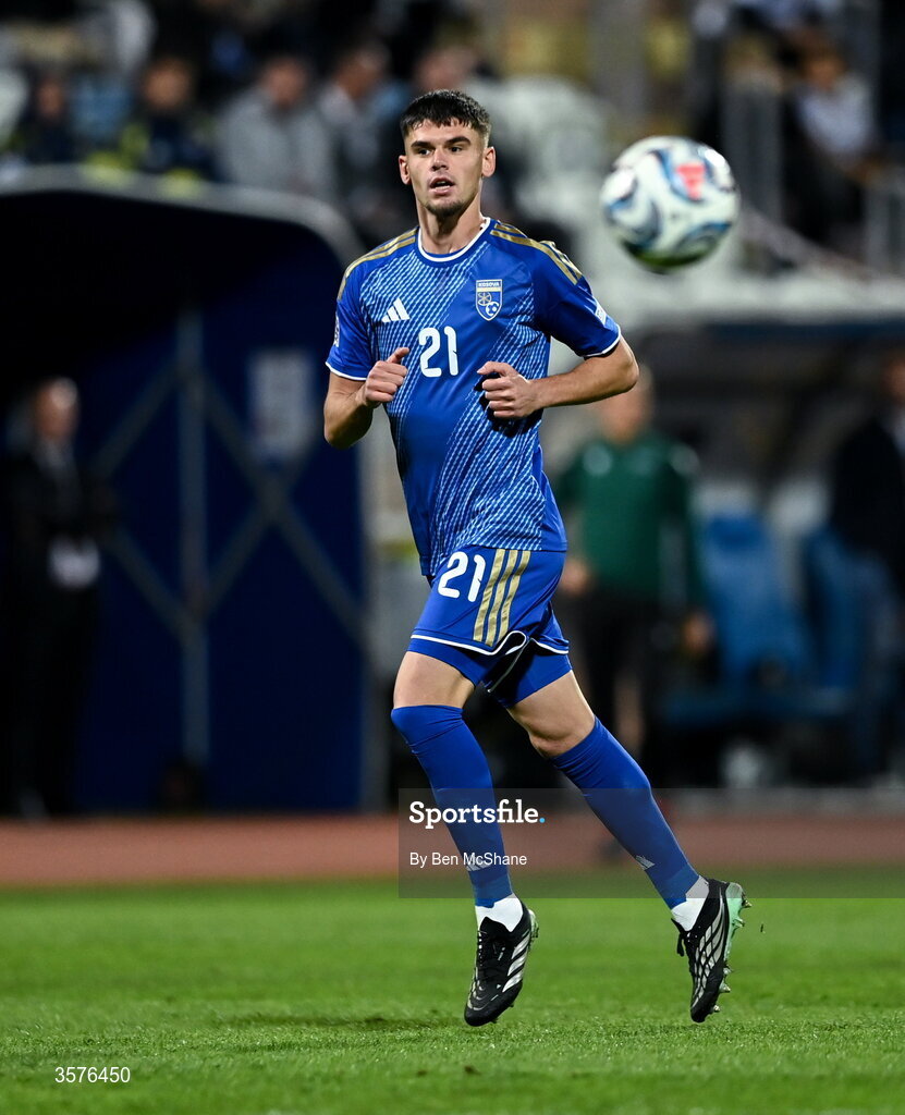 24 September 2026; Albian Hajdari of Kosovo during the UEFA Nations League B match between Kosovo and Republic of Ireland at Fadil Vokrri Stadium in Pristina, Kosovo. Photo by Ben McShane/Sportsfile