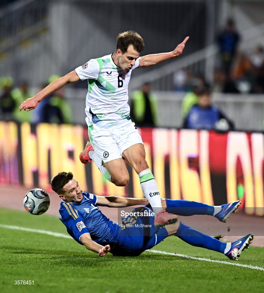24 September 2026; Jayson Molumby of Republic of Ireland is tackled by Illir Krasniqi of Kosovo during the UEFA Nations League B match between Kosovo and Republic of Ireland at Fadil Vokrri Stadium in Pristina, Kosovo. Photo by Ben McShane/Sportsfile