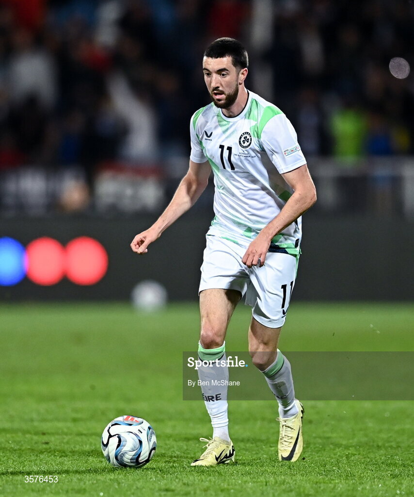 24 September 2026; Finn Azaz of Republic of Ireland during the UEFA Nations League B match between Kosovo and Republic of Ireland at Fadil Vokrri Stadium in Pristina, Kosovo. Photo by Ben McShane/Sportsfile