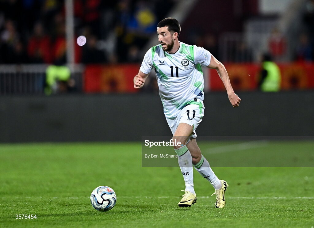 24 September 2026; Finn Azaz of Republic of Ireland during the UEFA Nations League B match between Kosovo and Republic of Ireland at Fadil Vokrri Stadium in Pristina, Kosovo. Photo by Ben McShane/Sportsfile