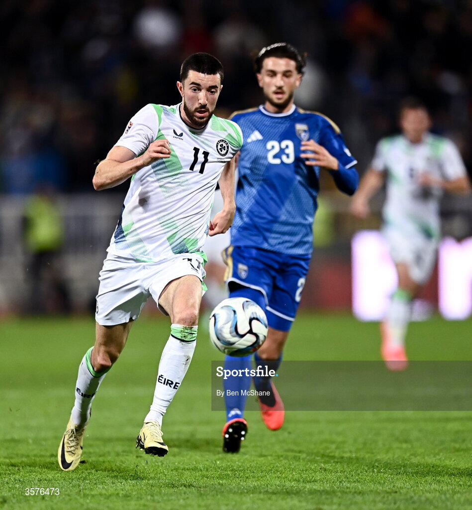 24 September 2026; Finn Azaz of Republic of Ireland and Leon Avdullahu of Kosovo during the UEFA Nations League B match between Kosovo and Republic of Ireland at Fadil Vokrri Stadium in Pristina, Kosovo. Photo by Ben McShane/Sportsfile