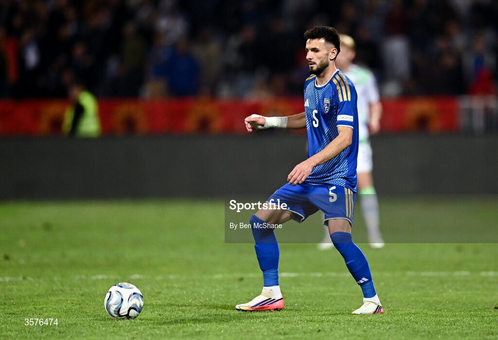 24 September 2026; Lumbardh Dellova of Kosovo during the UEFA Nations League B match between Kosovo and Republic of Ireland at Fadil Vokrri Stadium in Pristina, Kosovo. Photo by Ben McShane/Sportsfile