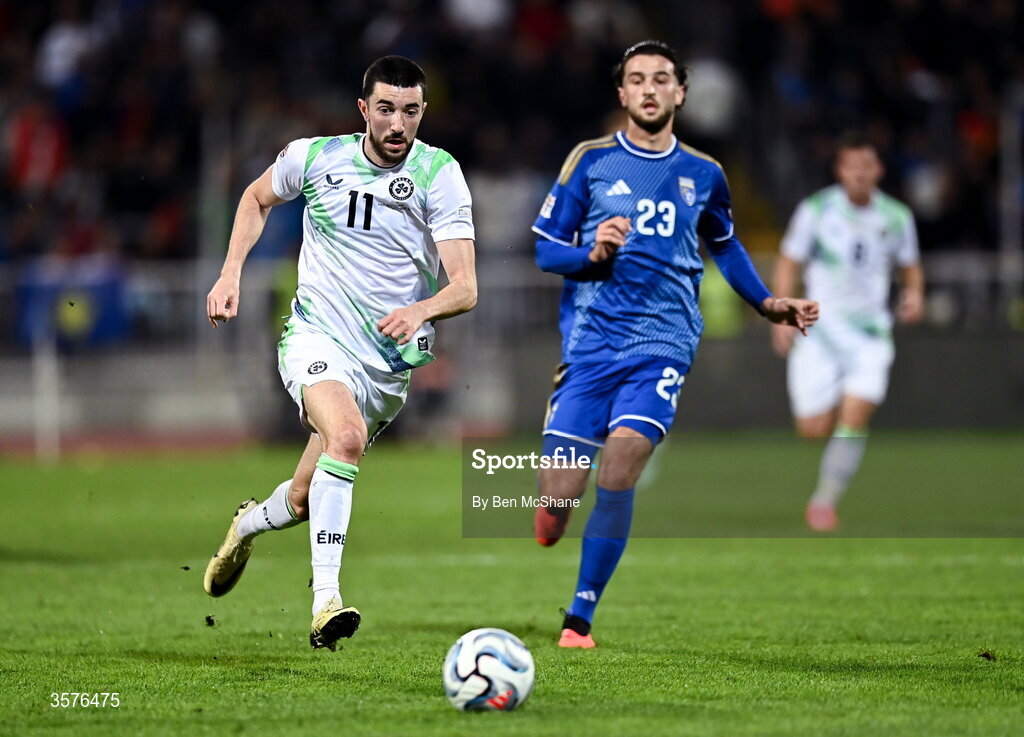 24 September 2026; Finn Azaz of Republic of Ireland and Leon Avdullahu of Kosovo during the UEFA Nations League B match between Kosovo and Republic of Ireland at Fadil Vokrri Stadium in Pristina, Kosovo. Photo by Ben McShane/Sportsfile