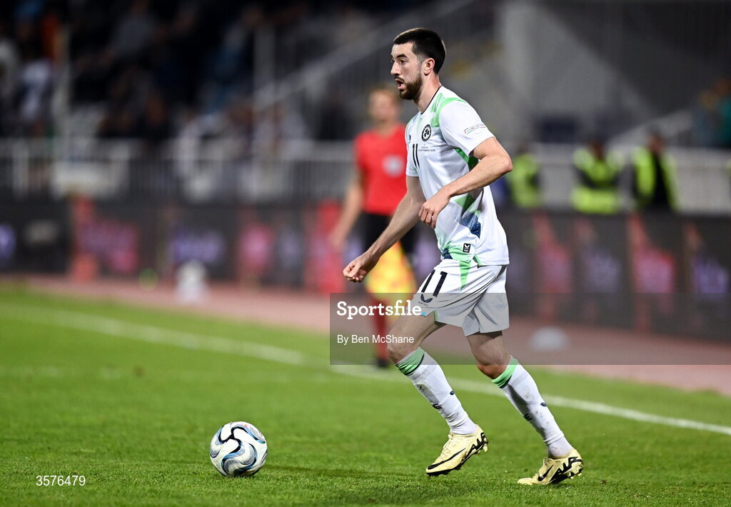 24 September 2026; Finn Azaz of Republic of Ireland during the UEFA Nations League B match between Kosovo and Republic of Ireland at Fadil Vokrri Stadium in Pristina, Kosovo. Photo by Ben McShane/Sportsfile