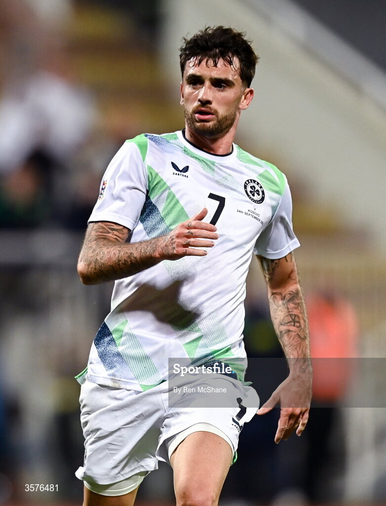 24 September 2026; Troy Parrott of Republic of Ireland during the UEFA Nations League B match between Kosovo and Republic of Ireland at Fadil Vokrri Stadium in Pristina, Kosovo. Photo by Ben McShane/Sportsfile