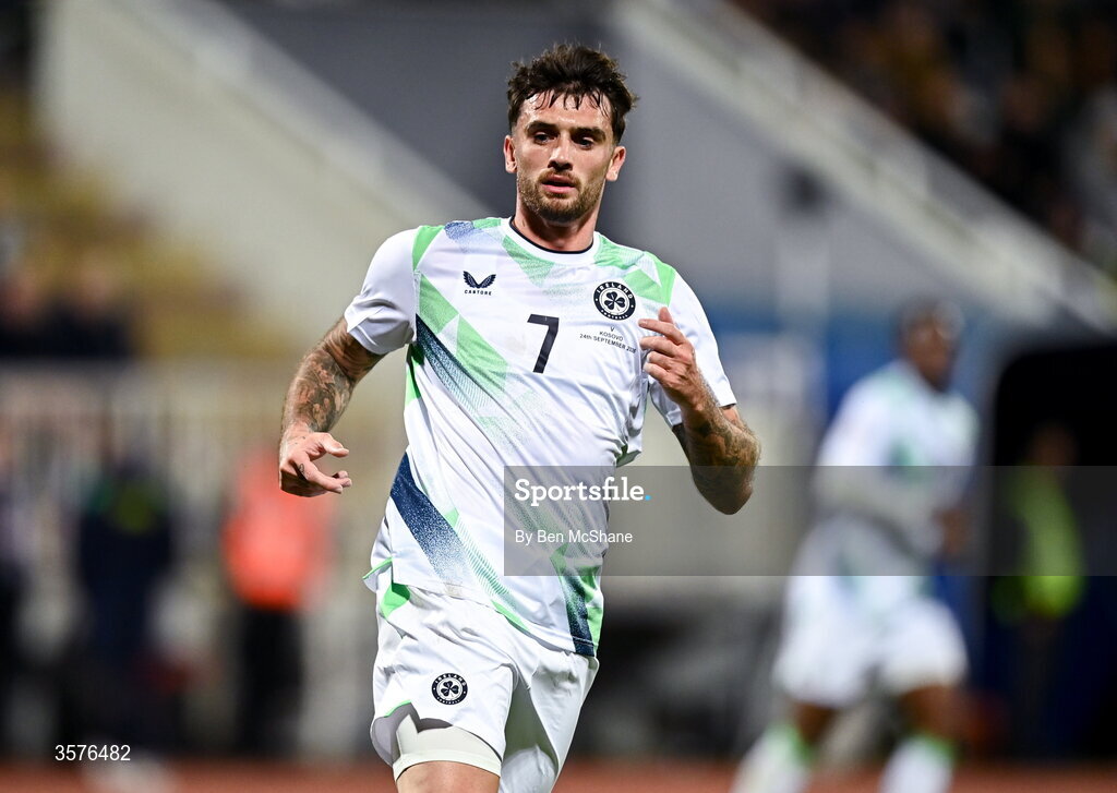 24 September 2026; Troy Parrott of Republic of Ireland during the UEFA Nations League B match between Kosovo and Republic of Ireland at Fadil Vokrri Stadium in Pristina, Kosovo. Photo by Ben McShane/Sportsfile