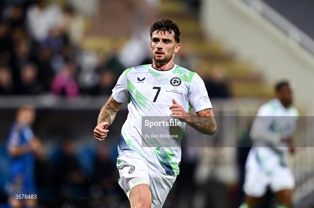 24 September 2026; Troy Parrott of Republic of Ireland during the UEFA Nations League B match between Kosovo and Republic of Ireland at Fadil Vokrri Stadium in Pristina, Kosovo. Photo by Ben McShane/Sportsfile