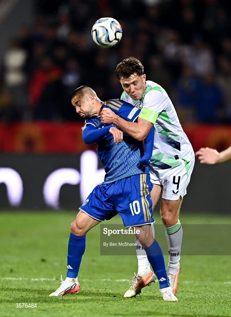 24 September 2026; Dara O'Shea of Republic of Ireland and Edon Zhegrova of Kosovo during the UEFA Nations League B match between Kosovo and Republic of Ireland at Fadil Vokrri Stadium in Pristina, Kosovo. Photo by Ben McShane/Sportsfile