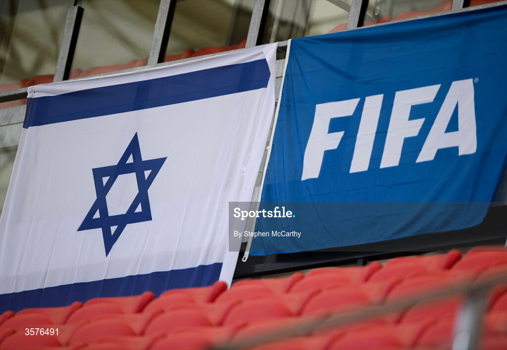 26 September 2026; The Israel Football Association and FIFA flags in the stadium before the Republic of Ireland training session at Nagyerdei Stadion in Debrecen, Hungary. Photo by Stephen McCarthy/Sportsfile