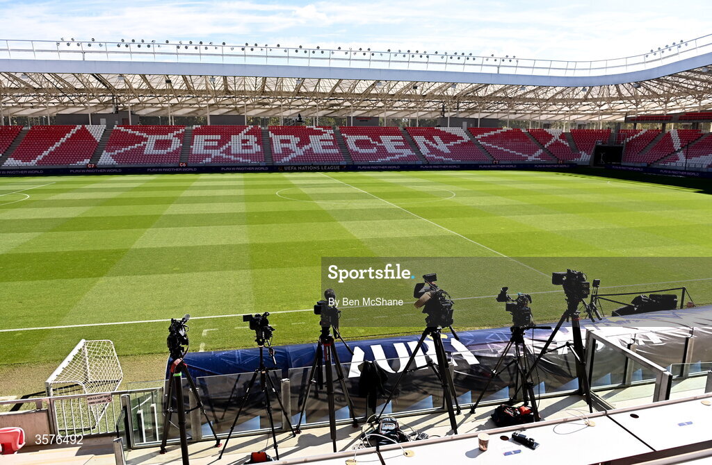 26 September 2026; TV cameras await in the gantry before the Republic of Ireland training session at Nagyerdei Stadion in Debrecen, Hungary. Photo by Ben McShane/Sportsfile
