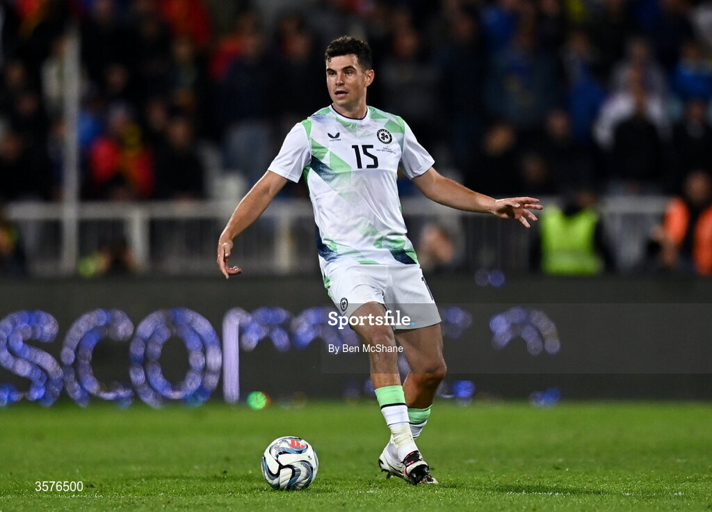24 September 2026; John Egan of Republic of Ireland during the UEFA Nations League B match between Kosovo and Republic of Ireland at Fadil Vokrri Stadium in Pristina, Kosovo. Photo by Ben McShane/Sportsfile