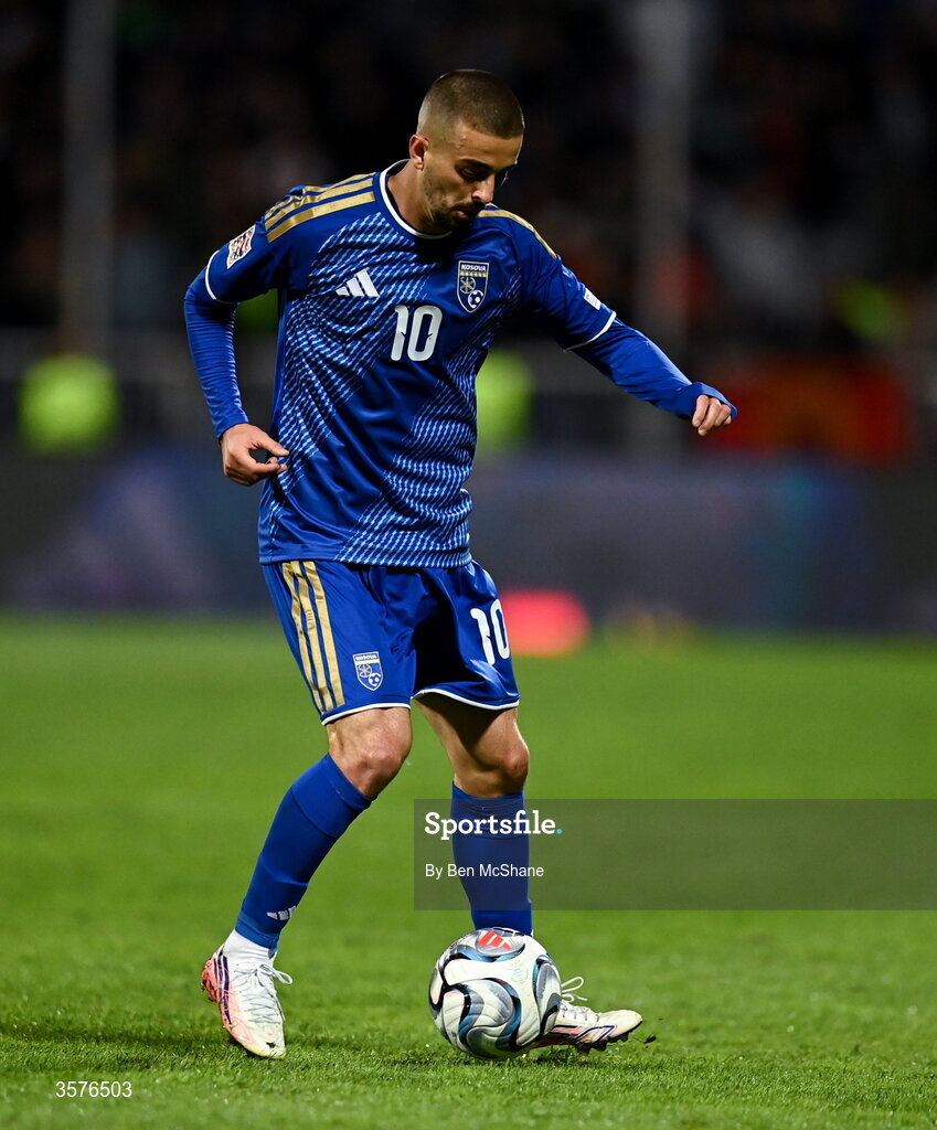 24 September 2026; Edon Zhegrova of Kosovo during the UEFA Nations League B match between Kosovo and Republic of Ireland at Fadil Vokrri Stadium in Pristina, Kosovo. Photo by Ben McShane/Sportsfile
