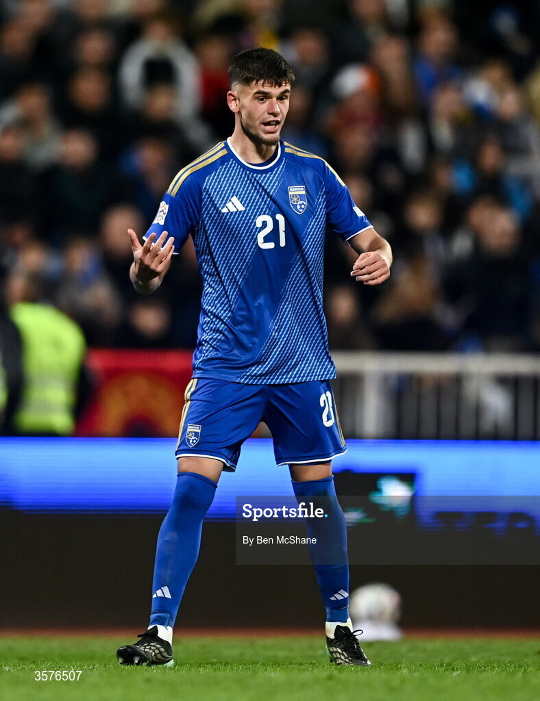 24 September 2026; Albian Hajdari of Kosovo during the UEFA Nations League B match between Kosovo and Republic of Ireland at Fadil Vokrri Stadium in Pristina, Kosovo. Photo by Ben McShane/Sportsfile