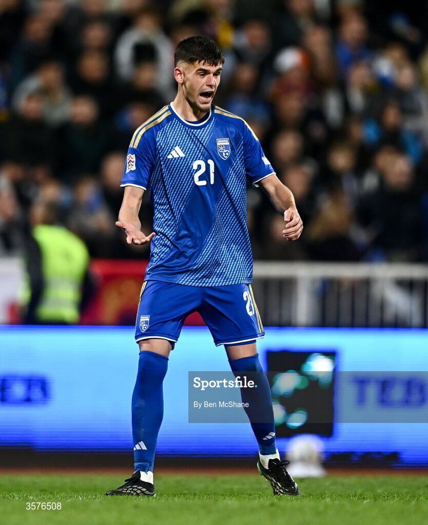 24 September 2026; Albian Hajdari of Kosovo during the UEFA Nations League B match between Kosovo and Republic of Ireland at Fadil Vokrri Stadium in Pristina, Kosovo. Photo by Ben McShane/Sportsfile