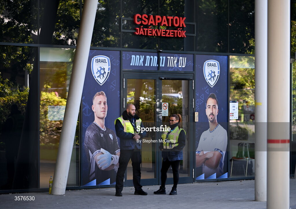 26 September 2026; Security stand outside the players entrance before the Republic of Ireland training session at Nagyerdei Stadion in Debrecen, Hungary. Photo by Stephen McCarthy/Sportsfile