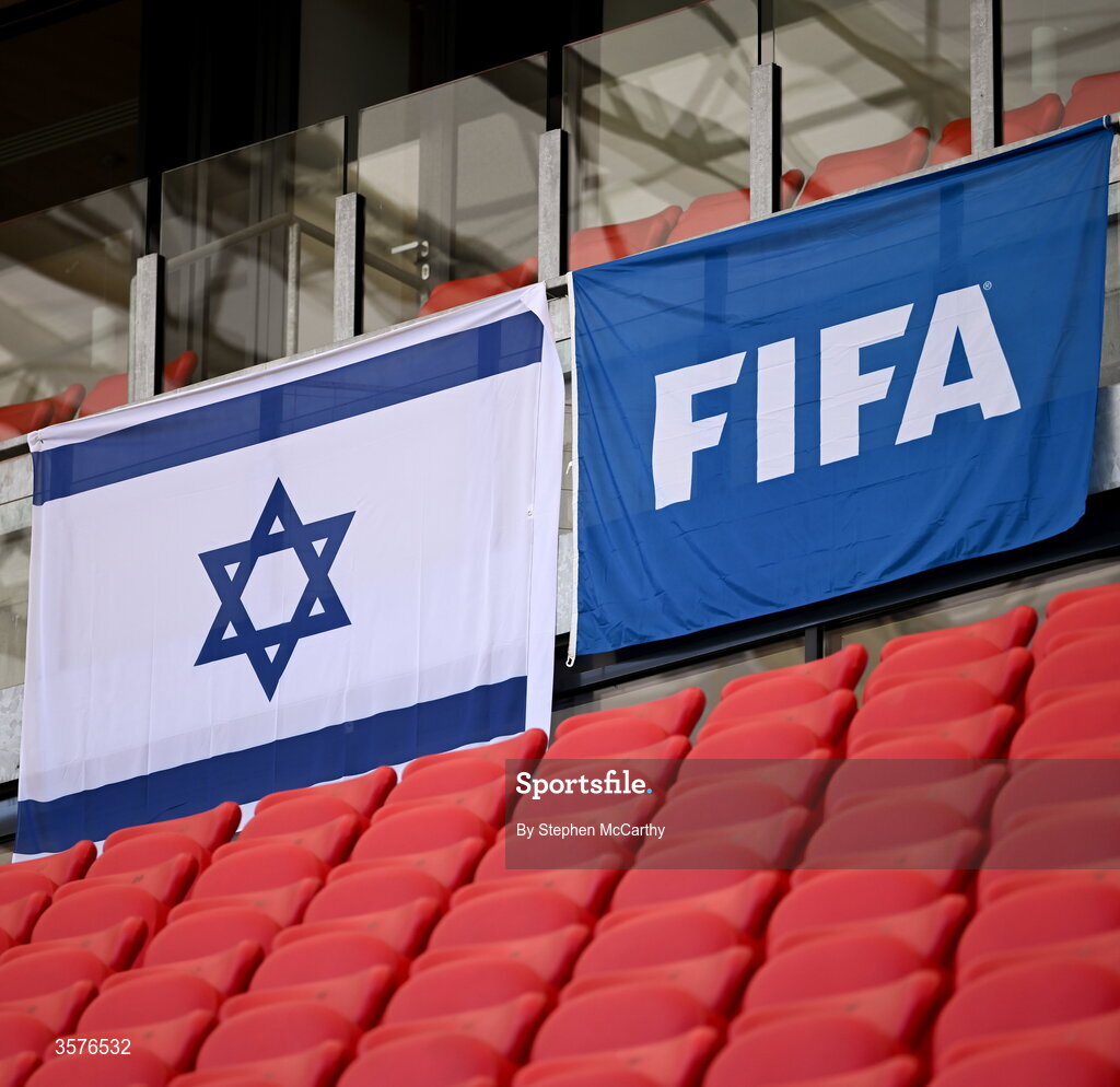 26 September 2026; The Israel Football Association and FIFA flags inside the stadium before the Republic of Ireland training session at Nagyerdei Stadion in Debrecen, Hungary. Photo by Stephen McCarthy/Sportsfile