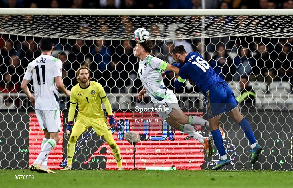 24 September 2026; A tussle between Dara O'Shea of Republic of Ireland, centre, and Vedat Muriqi of Kosovo, in the lead up to Kosovo's goal, during the UEFA Nations League B match between Kosovo and Republic of Ireland at Fadil Vokrri Stadium in Pristina, Kosovo. Photo by Ben McShane/Sportsfile