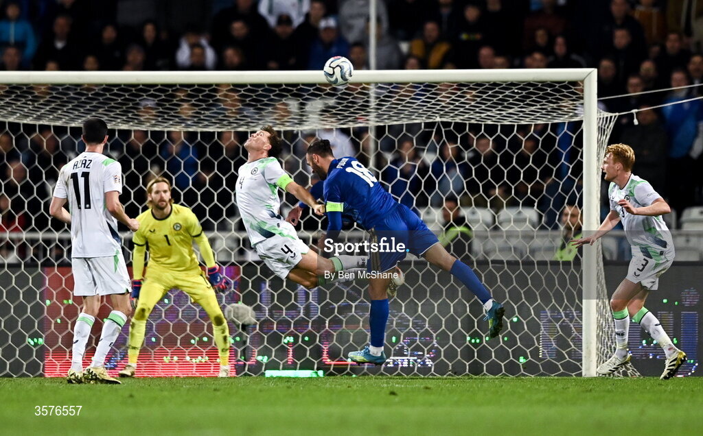 24 September 2026; A tussle between Dara O'Shea of Republic of Ireland, centre, and Vedat Muriqi of Kosovo, in the lead up to Kosovo's goal, during the UEFA Nations League B match between Kosovo and Republic of Ireland at Fadil Vokrri Stadium in Pristina, Kosovo. Photo by Ben McShane/Sportsfile