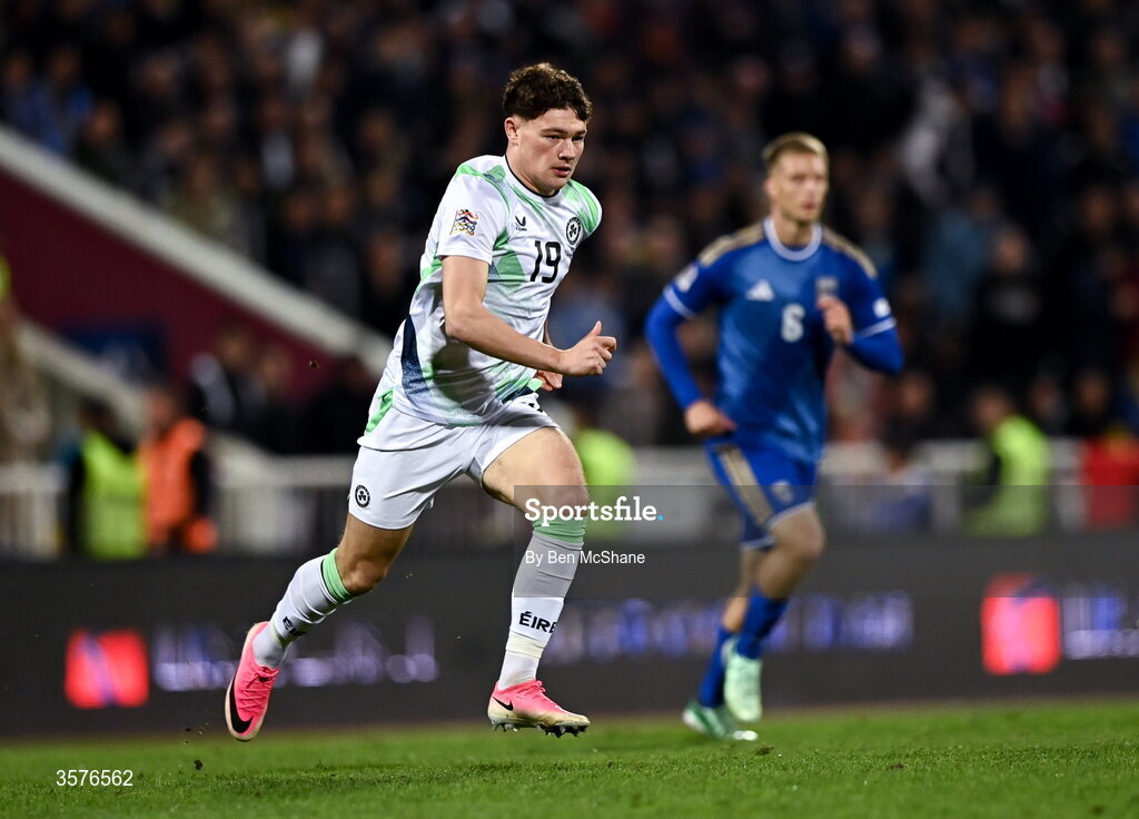 24 September 2026; Owen Elding of Republic of Ireland during the UEFA Nations League B match between Kosovo and Republic of Ireland at Fadil Vokrri Stadium in Pristina, Kosovo. Photo by Ben McShane/Sportsfile