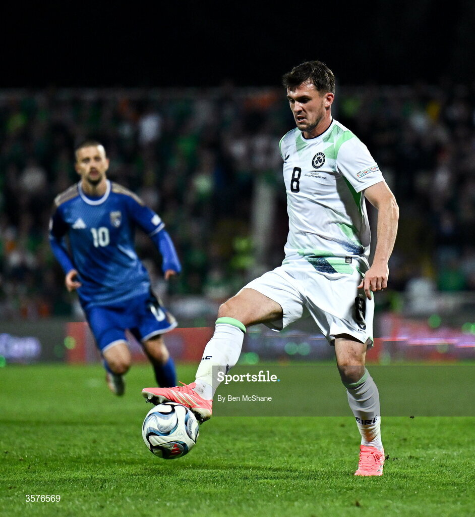 24 September 2026; Jason Knight of Republic of Ireland during the UEFA Nations League B match between Kosovo and Republic of Ireland at Fadil Vokrri Stadium in Pristina, Kosovo. Photo by Ben McShane/Sportsfile