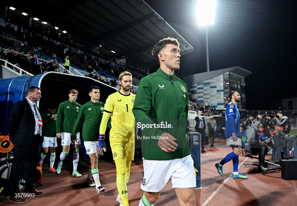 24 September 2026; Republic of Ireland captain Dara O'Shea leads his side out before the UEFA Nations League B match between Kosovo and Republic of Ireland at Fadil Vokrri Stadium in Pristina, Kosovo. Photo by Ben McShane/Sportsfile