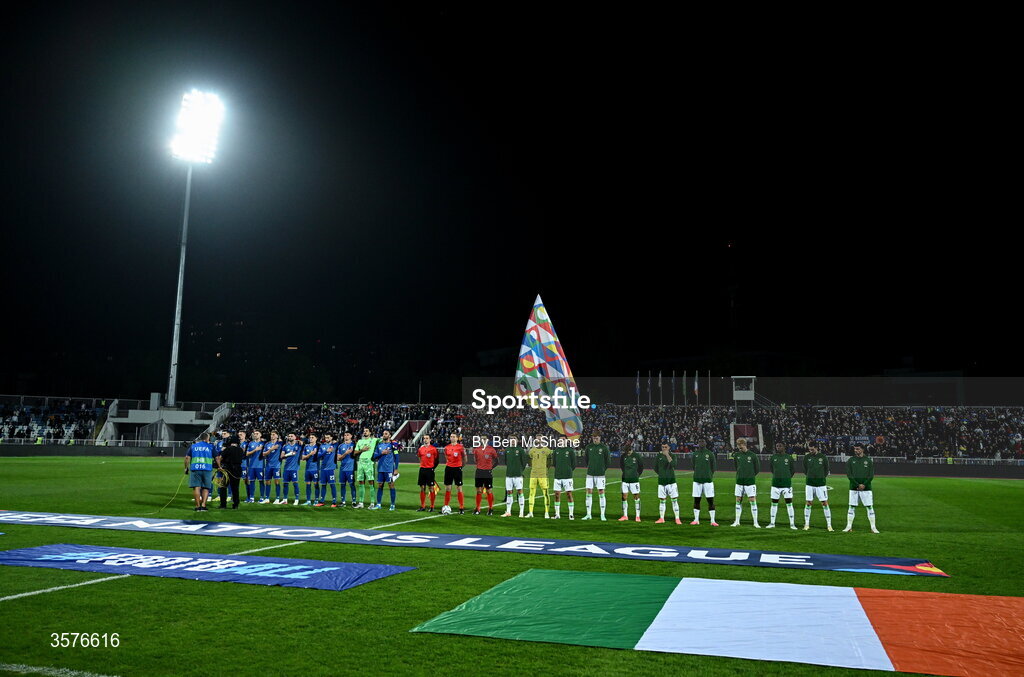24 September 2026; Players and officials line-up before the UEFA Nations League B match between Kosovo and Republic of Ireland at Fadil Vokrri Stadium in Pristina, Kosovo. Photo by Ben McShane/Sportsfile