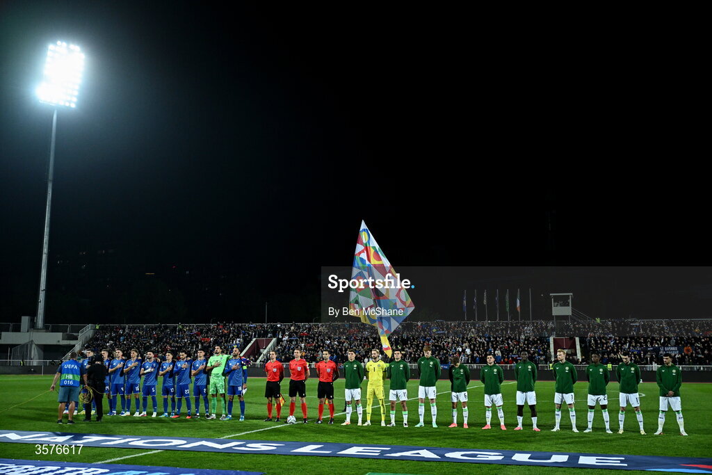 24 September 2026; Players and officials line-up before the UEFA Nations League B match between Kosovo and Republic of Ireland at Fadil Vokrri Stadium in Pristina, Kosovo. Photo by Ben McShane/Sportsfile