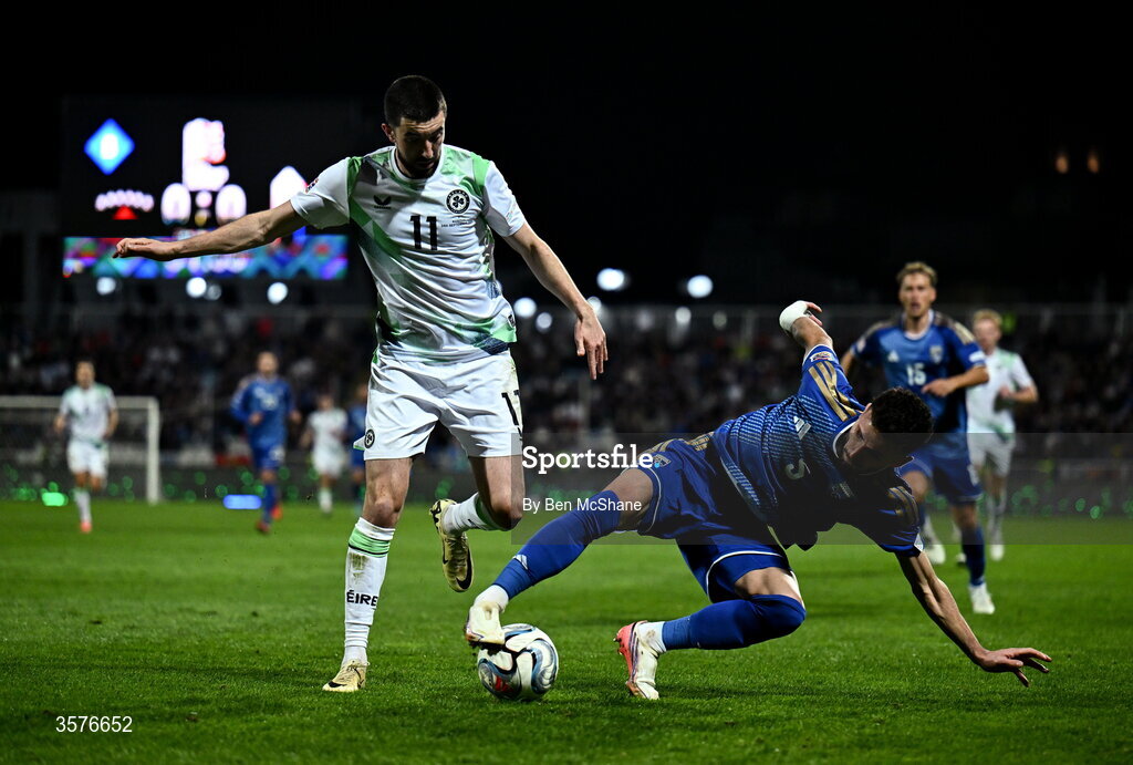 24 September 2026; Lumbardh Dellova of Kosovo and Finn Azaz of Republic of Ireland during the UEFA Nations League B match between Kosovo and Republic of Ireland at Fadil Vokrri Stadium in Pristina, Kosovo. Photo by Ben McShane/Sportsfile