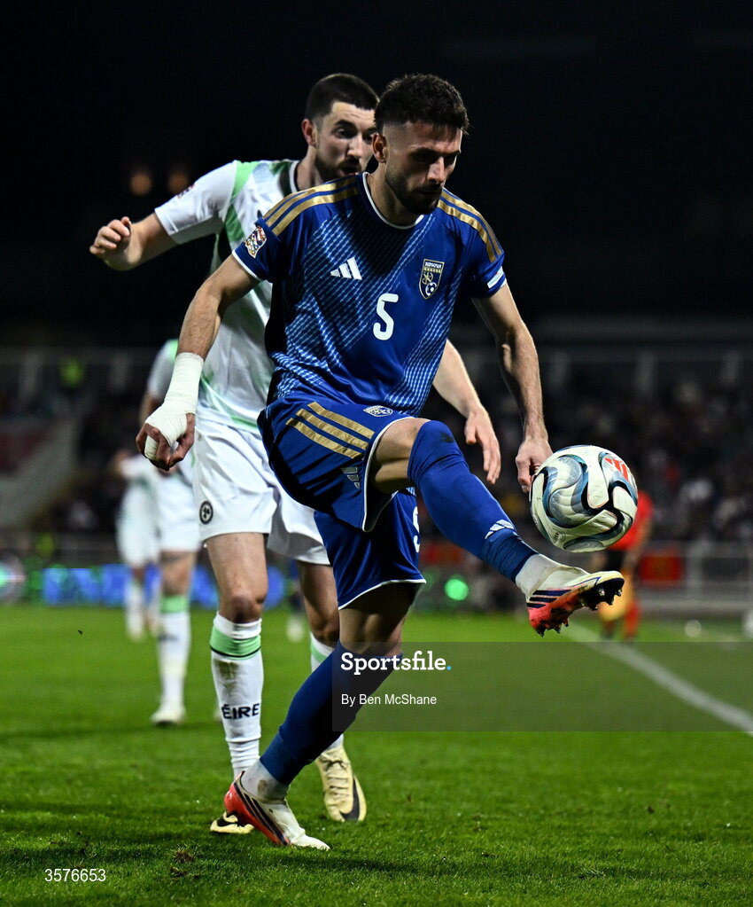 24 September 2026; Lumbardh Dellova of Kosovo and Finn Azaz of Republic of Ireland during the UEFA Nations League B match between Kosovo and Republic of Ireland at Fadil Vokrri Stadium in Pristina, Kosovo. Photo by Ben McShane/Sportsfile