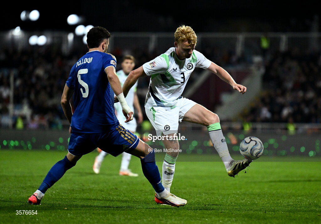 24 September 2026; Liam Scales of Republic of Ireland and Lumbardh Dellova of Kosovo during the UEFA Nations League B match between Kosovo and Republic of Ireland at Fadil Vokrri Stadium in Pristina, Kosovo. Photo by Ben McShane/Sportsfile