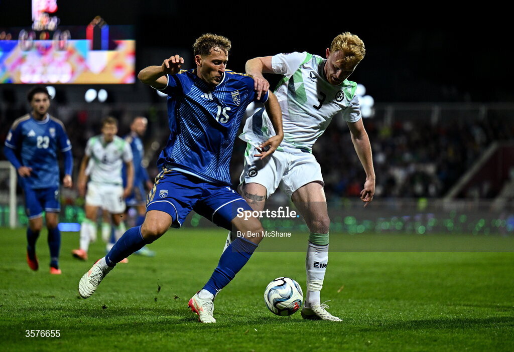 24 September 2026; Liam Scales of Republic of Ireland and Mërgim Vojvoda of Kosovo during the UEFA Nations League B match between Kosovo and Republic of Ireland at Fadil Vokrri Stadium in Pristina, Kosovo. Photo by Ben McShane/Sportsfile