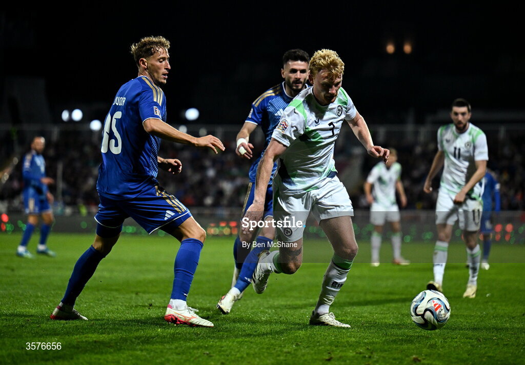 24 September 2026; Liam Scales of Republic of Ireland and Mërgim Vojvoda of Kosovo during the UEFA Nations League B match between Kosovo and Republic of Ireland at Fadil Vokrri Stadium in Pristina, Kosovo. Photo by Ben McShane/Sportsfile
