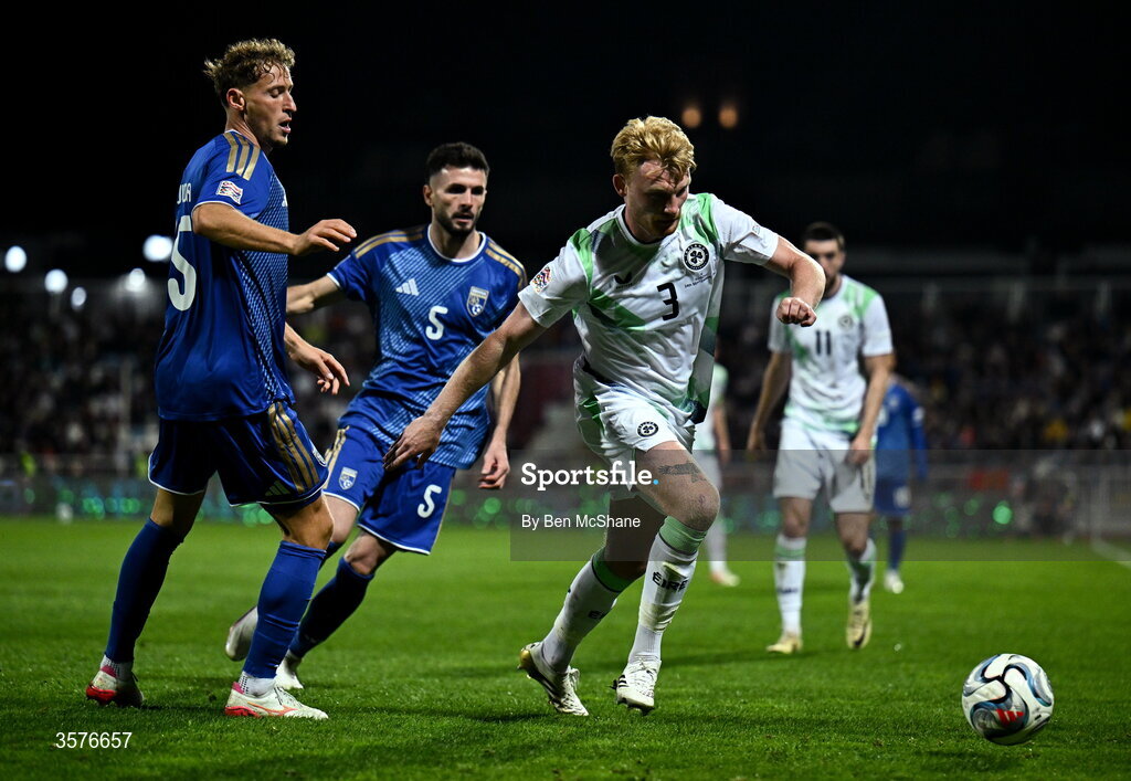 24 September 2026; Liam Scales of Republic of Ireland and Mërgim Vojvoda of Kosovo during the UEFA Nations League B match between Kosovo and Republic of Ireland at Fadil Vokrri Stadium in Pristina, Kosovo. Photo by Ben McShane/Sportsfile