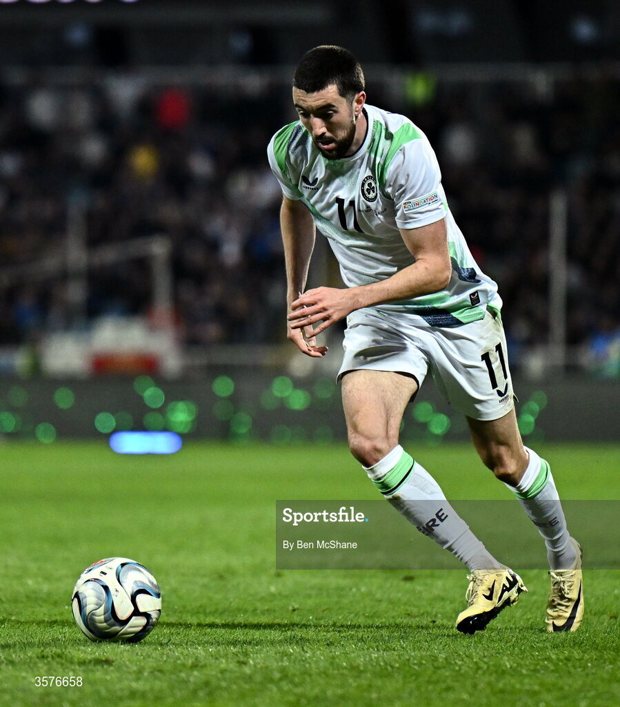 24 September 2026; Finn Azaz of Republic of Ireland during the UEFA Nations League B match between Kosovo and Republic of Ireland at Fadil Vokrri Stadium in Pristina, Kosovo. Photo by Ben McShane/Sportsfile