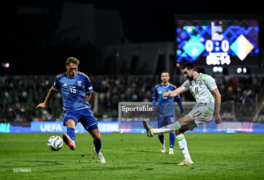 24 September 2026; Finn Azaz of Republic of Ireland and Mërgim Vojvoda of Kosovo during the UEFA Nations League B match between Kosovo and Republic of Ireland at Fadil Vokrri Stadium in Pristina, Kosovo. Photo by Ben McShane/Sportsfile