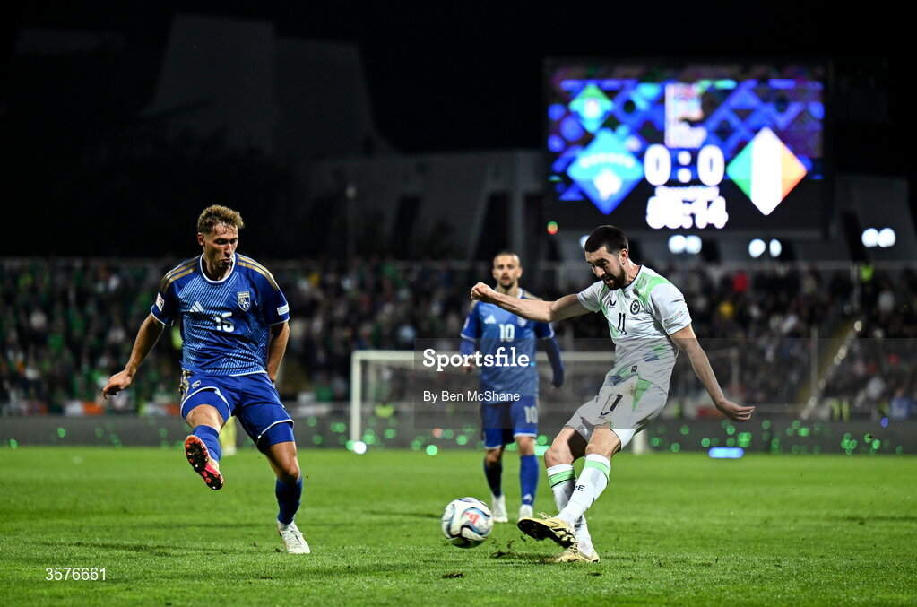 24 September 2026; Finn Azaz of Republic of Ireland and Mërgim Vojvoda of Kosovo during the UEFA Nations League B match between Kosovo and Republic of Ireland at Fadil Vokrri Stadium in Pristina, Kosovo. Photo by Ben McShane/Sportsfile