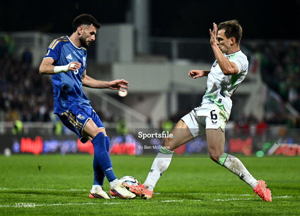 24 September 2026; Jayson Molumby of Republic of Ireland and Lumbardh Dellova of Kosovo during the UEFA Nations League B match between Kosovo and Republic of Ireland at Fadil Vokrri Stadium in Pristina, Kosovo. Photo by Ben McShane/Sportsfile