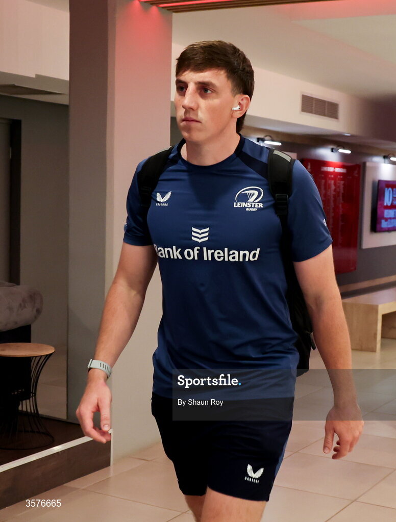 26 September 2026; Charlie Tector of Leinster arrives before the United Rugby Championship match between Lions and Leinster at Ellis Park in Johannesburg, South Africa. Photo by Shaun Roy/Sportsfile
