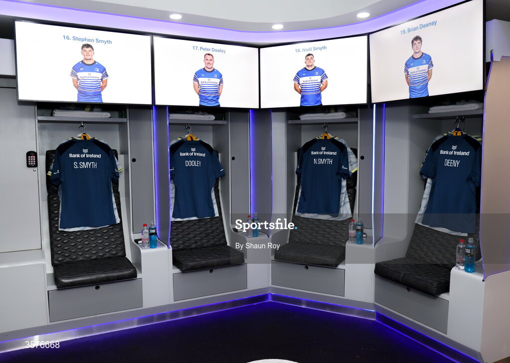 26 September 2026; The jerseys of, from left, Stephen Smyth, Peter Dooley, Niall Smyth and Brian Deeney in the Leinster dressing room before the United Rugby Championship match between Lions and Leinster at Ellis Park in Johannesburg, South Africa. Photo by Shaun Roy/Sportsfile