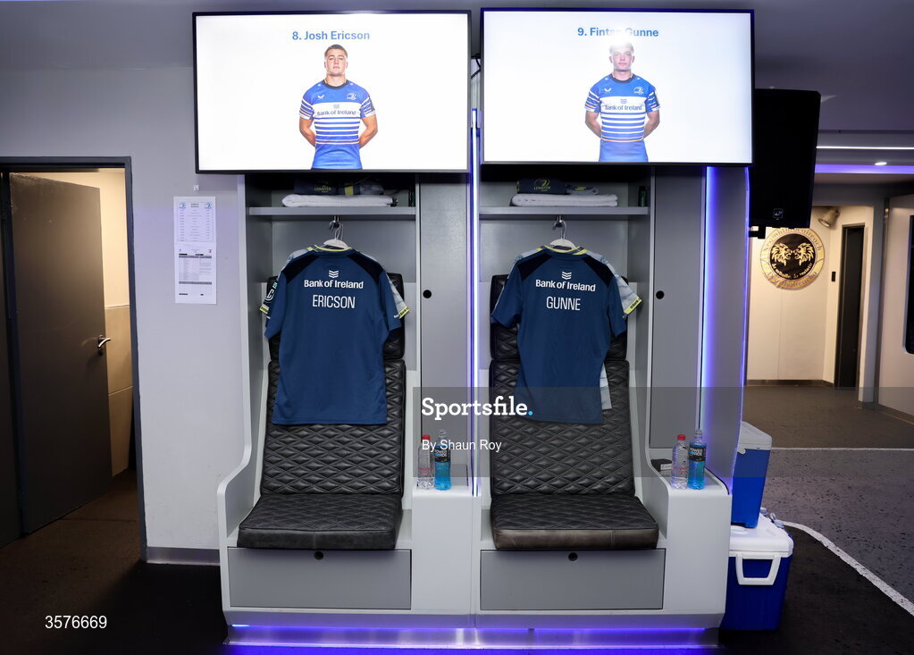 26 September 2026; The jerseys of Josh Ericson, left, and Fintan Gunne in the Leinster dressing room before the United Rugby Championship match between Lions and Leinster at Ellis Park in Johannesburg, South Africa. Photo by Shaun Roy/Sportsfile