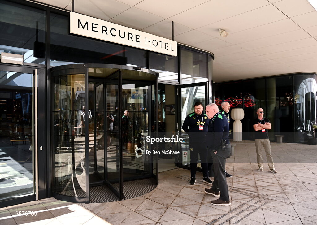 26 September 2026; FAI security staff outside the Republic of Ireland team hotel in Debrecen, Hungary. Photo by Ben McShane/Sportsfile