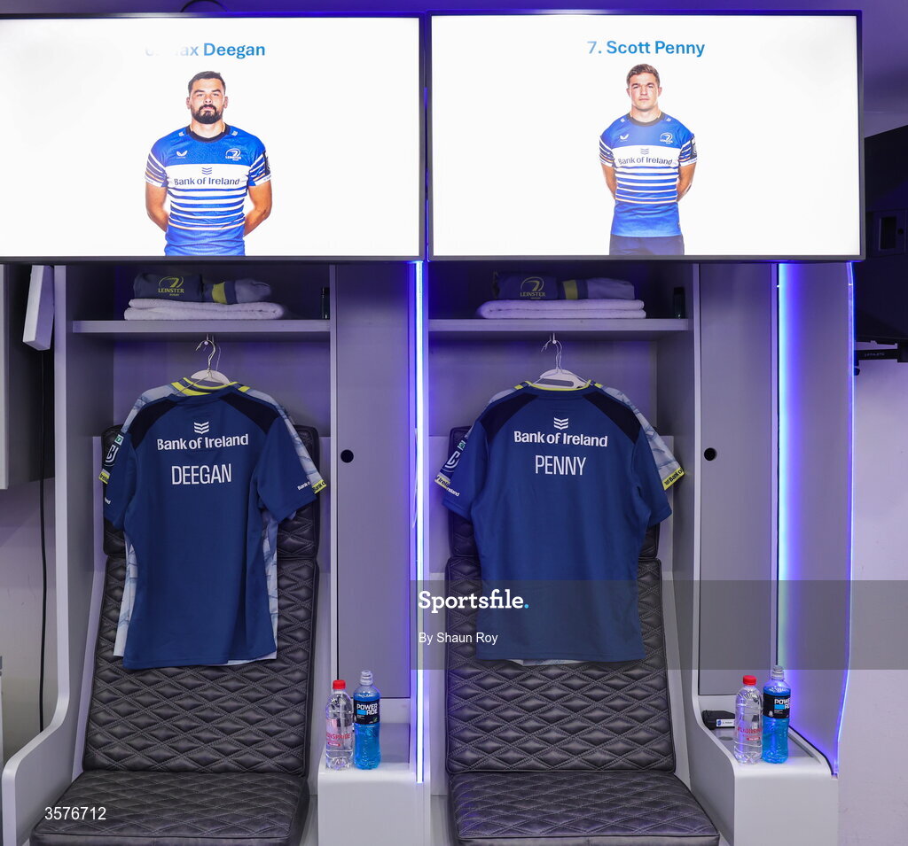 26 September 2026; The jerseys of Max Deegan, left, and Scott Penny in the Leinster dressing room before the United Rugby Championship match between Lions and Leinster at Ellis Park in Johannesburg, South Africa. Photo by Shaun Roy/Sportsfile