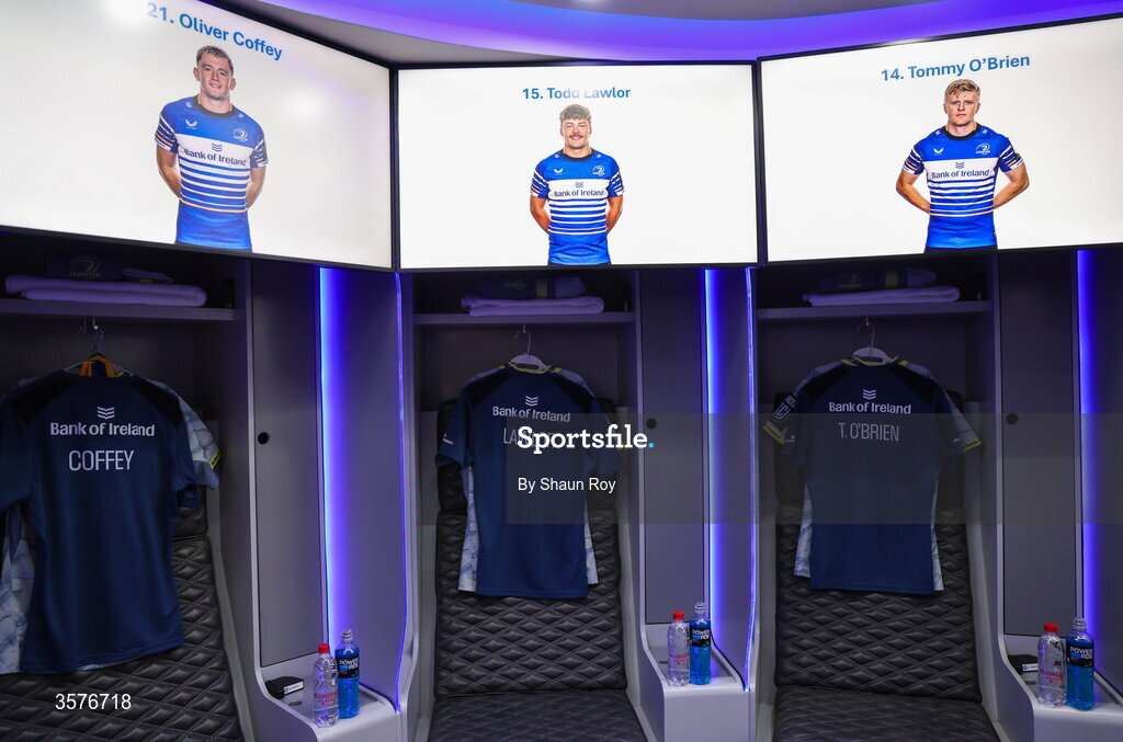 26 September 2026; The jerseys of, from left, Oliver Coffey, Todd Lawlor and Tommy O'Brien in the Leinster dressing room before the United Rugby Championship match between Lions and Leinster at Ellis Park in Johannesburg, South Africa. Photo by Shaun Roy/Sportsfile