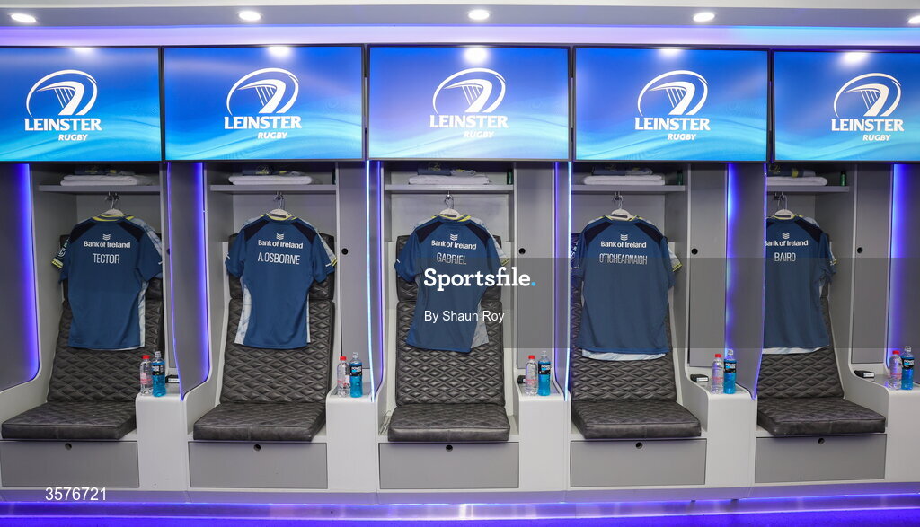 26 September 2026; The jerseys of, from left, Charlie Tector, Andrew Osborne, Caspar Gabriel, Conor O'Tighearnaigh and Ryan Baird in the Leinster dressing room before the United Rugby Championship match between Lions and Leinster at Ellis Park in Johannesburg, South Africa. Photo by Shaun Roy/Sportsfile
