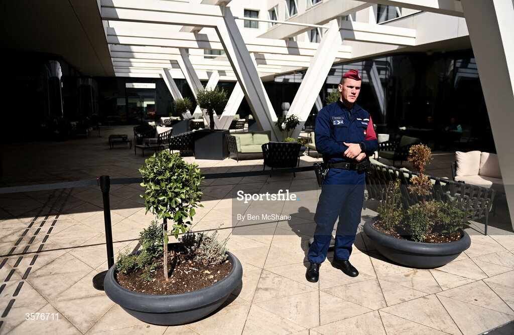 26 September 2026; Police watch ahead outside the Republic of Ireland team hotel in Debrecen, Hungary. Photo by Ben McShane/Sportsfile