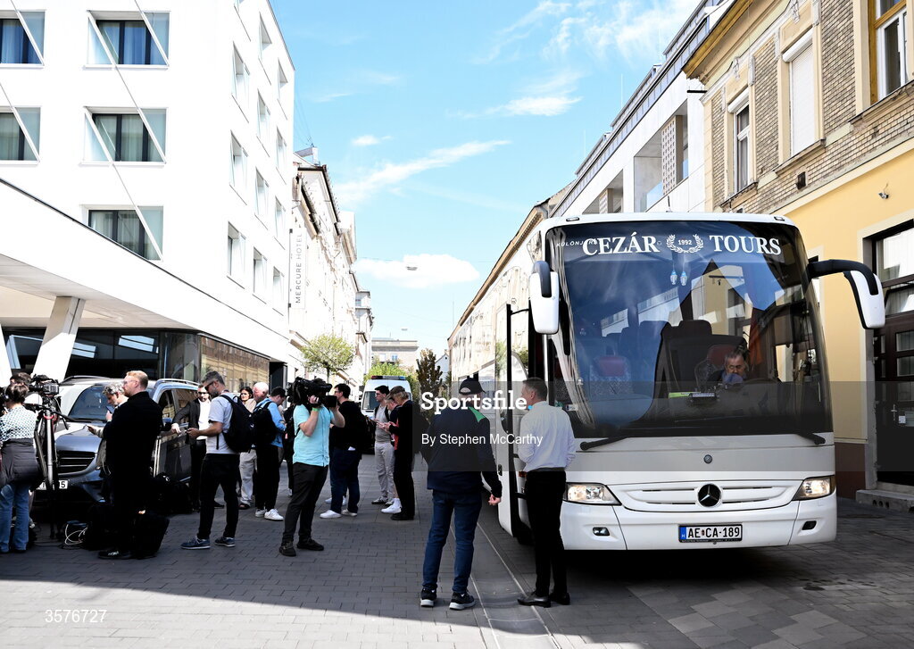 26 September 2026; Team bus parked outside the Republic of Ireland team hotel in Debrecen, Hungary. Photo by Stephen McCarthy/Sportsfile