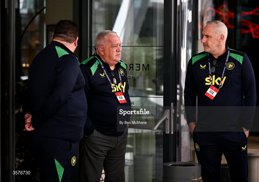 26 September 2026; FAI security, including Head of Security Joe McGlue, second from left, outside the Republic of Ireland team hotel in Debrecen, Hungary. Photo by Ben McShane/Sportsfile