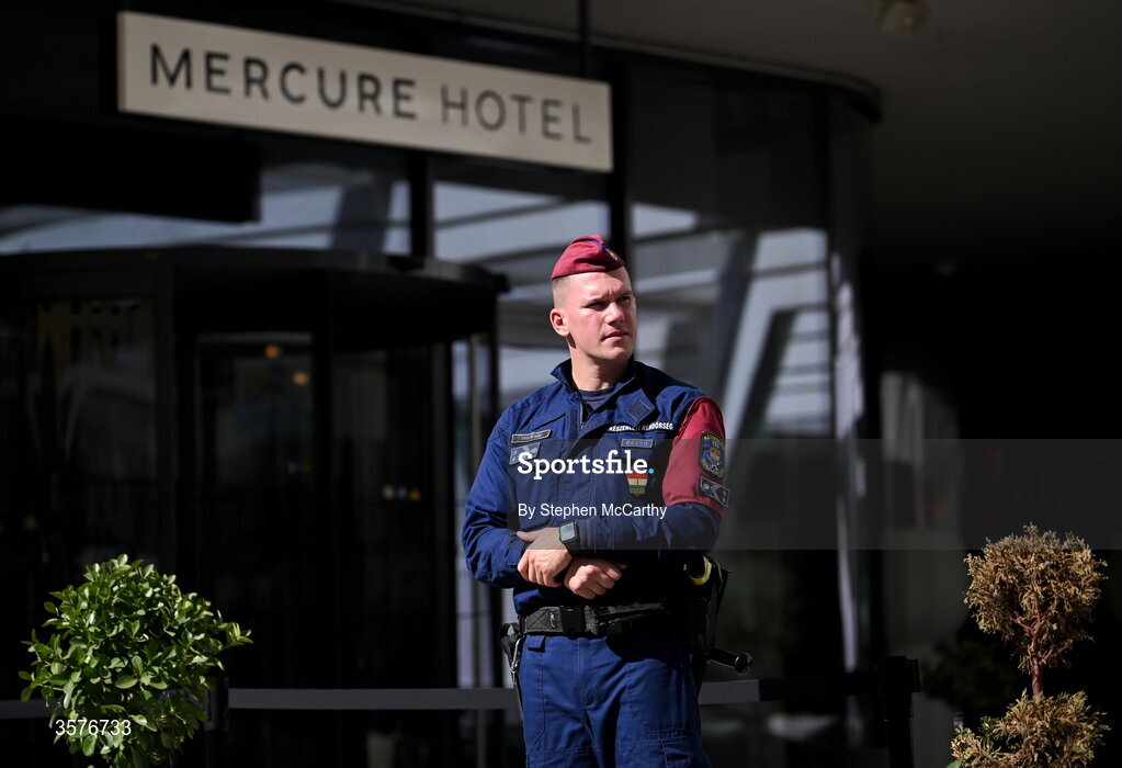 26 September 2026; Police wait outside the Republic of Ireland team hotel in Debrecen, Hungary. Photo by Stephen McCarthy/Sportsfile