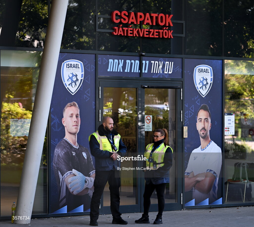 26 September 2026; Security stand outside the players entrance before the Republic of Ireland training session at Nagyerdei Stadion in Debrecen, Hungary. Photo by Stephen McCarthy/Sportsfile