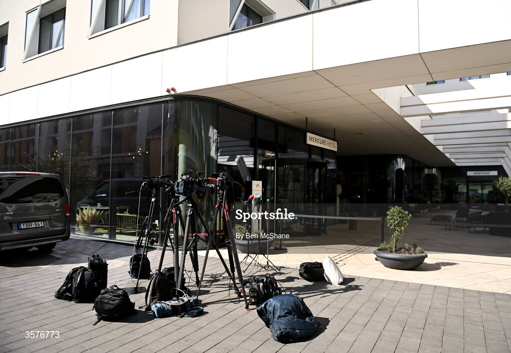 26 September 2026; TV cameras wait outside the Republic of Ireland team hotel in Debrecen, Hungary. Photo by Ben McShane/Sportsfile